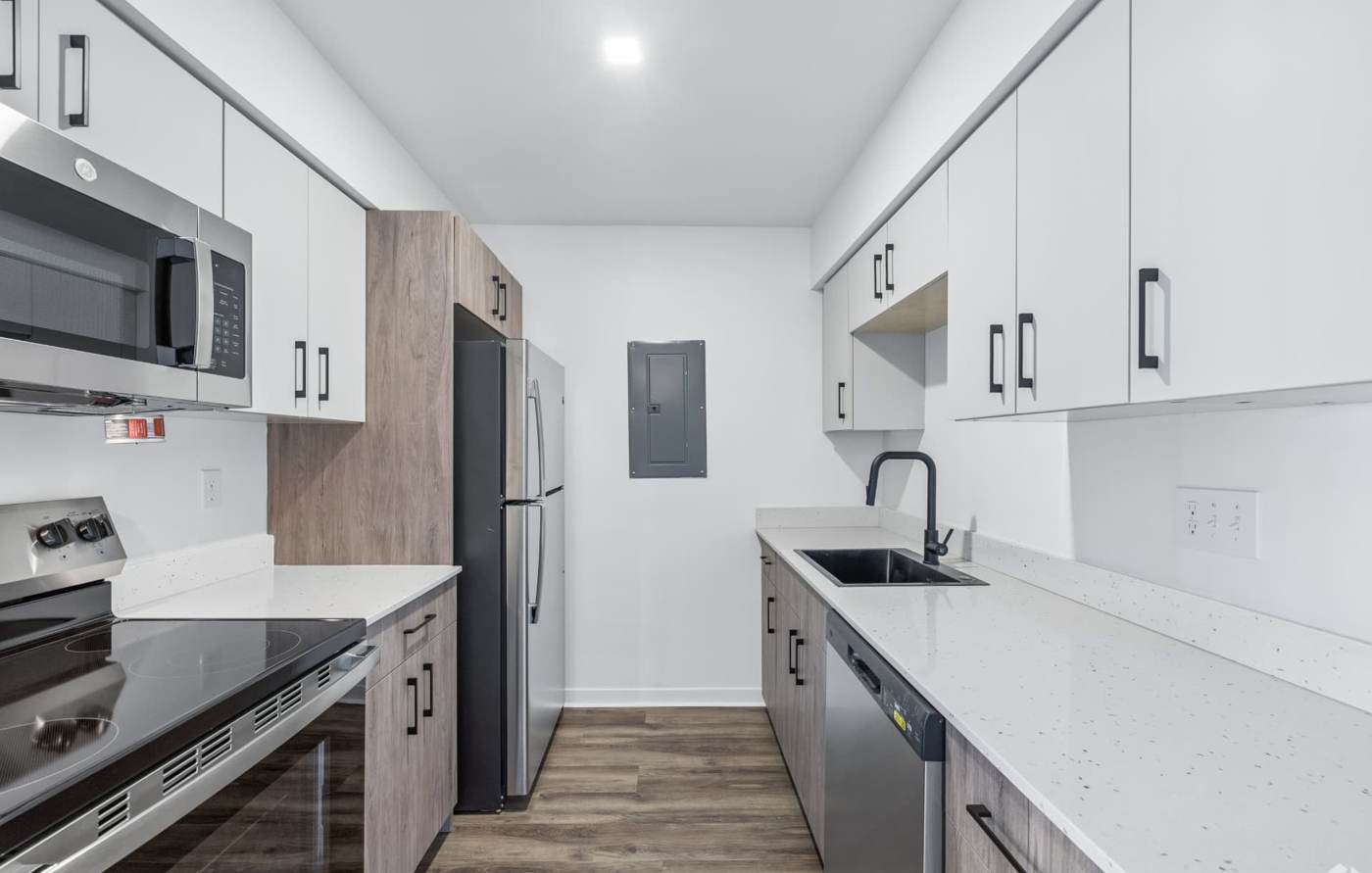 Galley kitchen with quartz counters, dishwasher and modern cabinetry