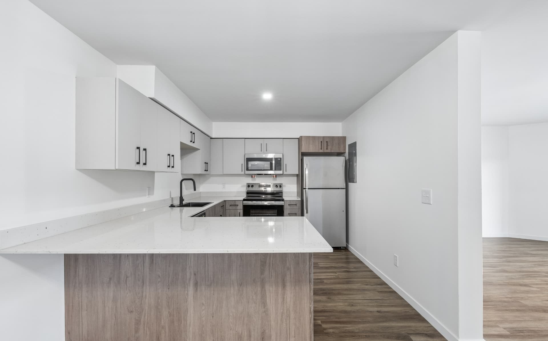 Renovated kitchen with quartz countertops and stainless steel appliances