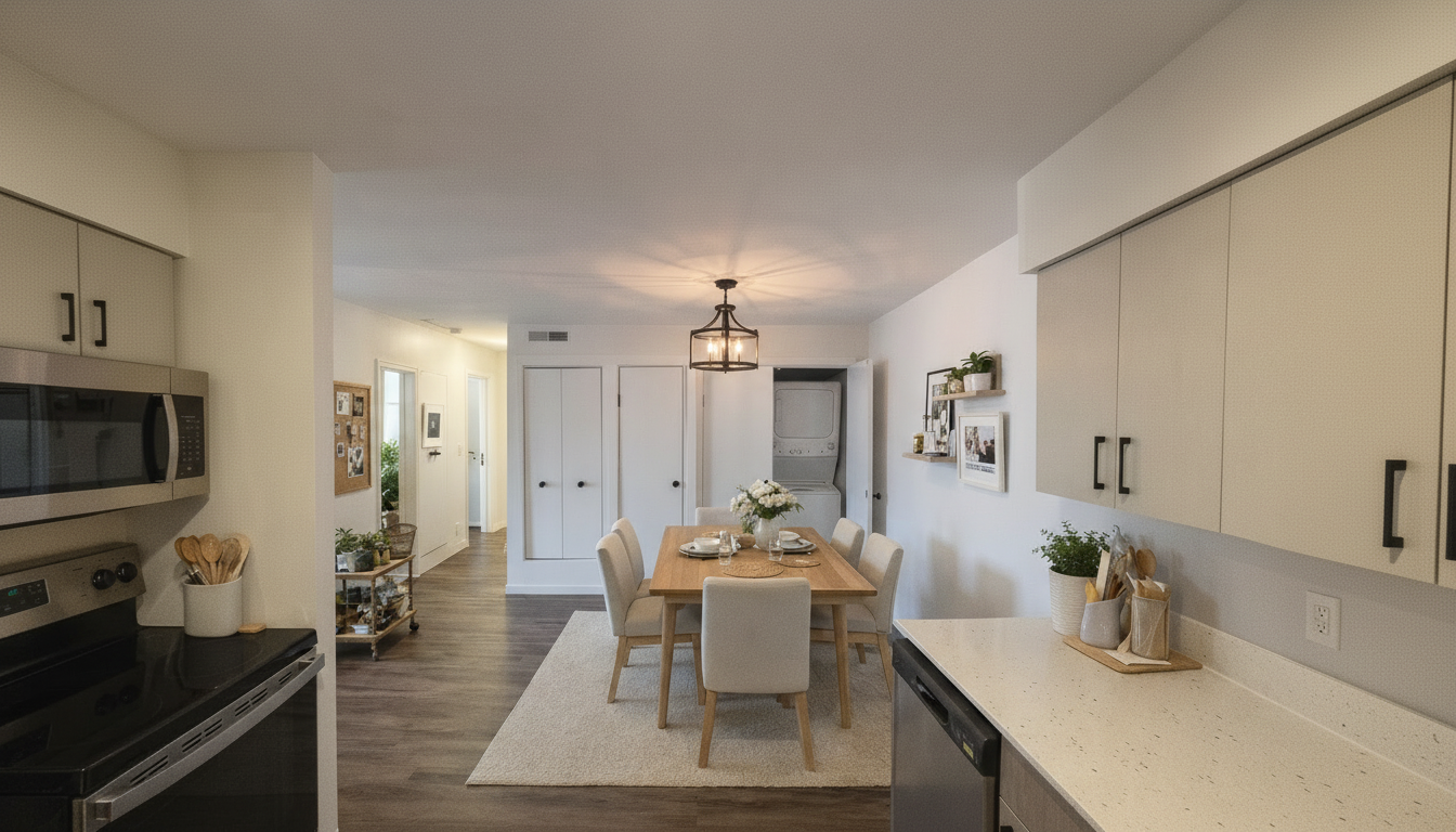 Kitchen and dining area with cage chandelier and in-unit laundry