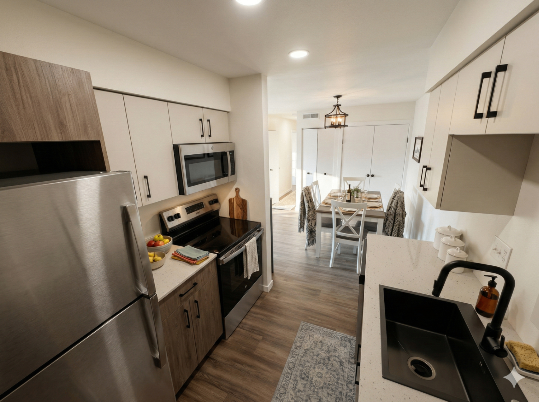 Modern kitchen with stainless steel appliances and dining area