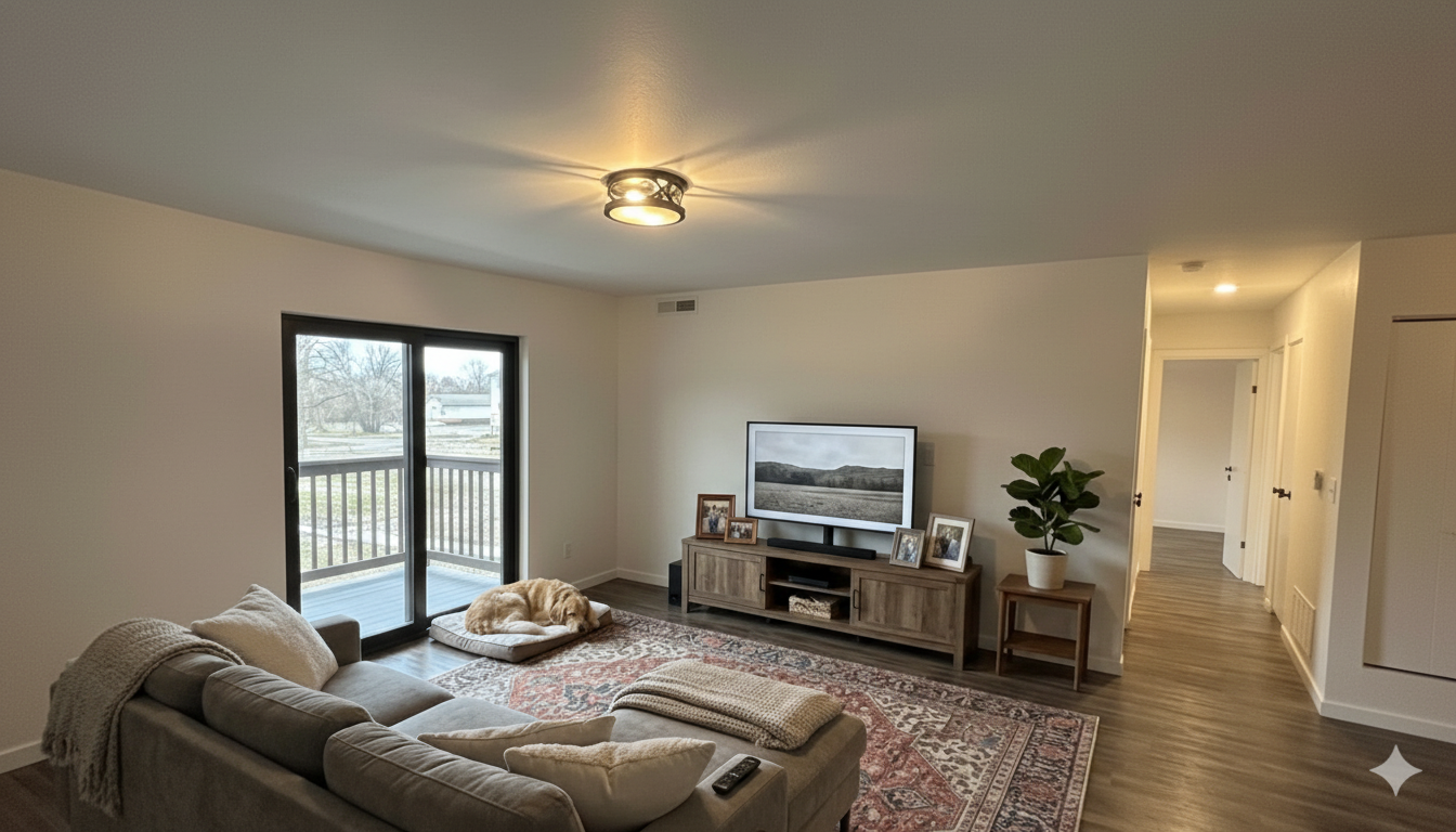 Pet-friendly living area with sliding door access to patio
