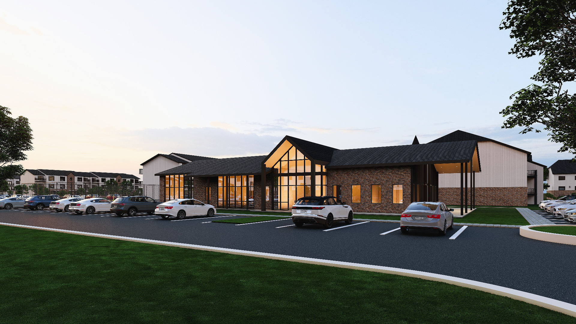 Maison Hills clubhouse exterior at dusk
