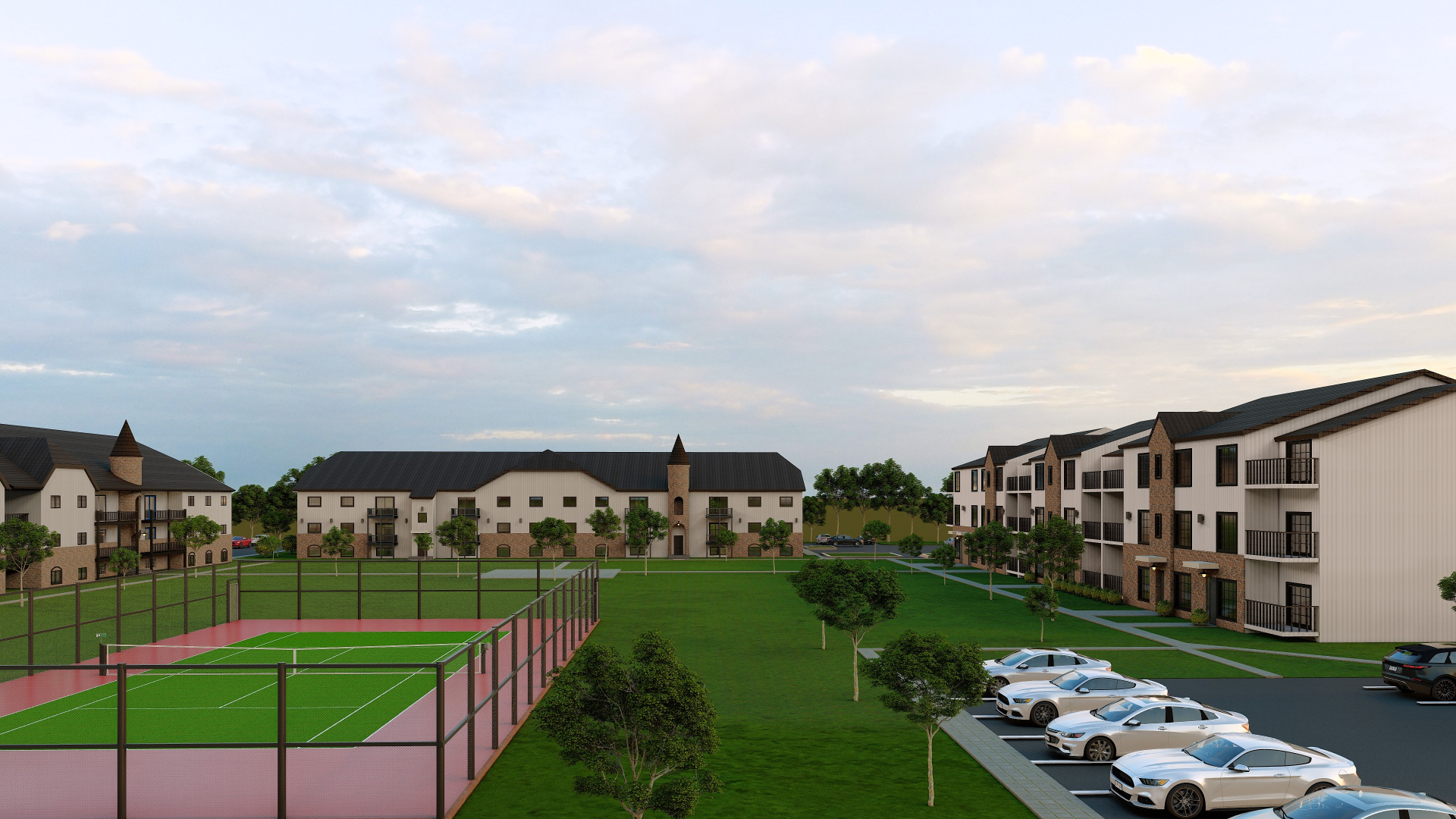 Tennis courts and apartment buildings